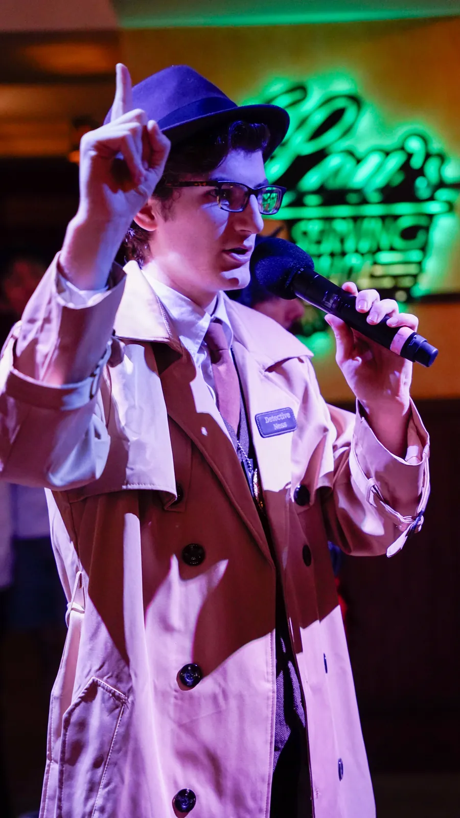 A Murder Mystery Company actor working the room at a Rochester show